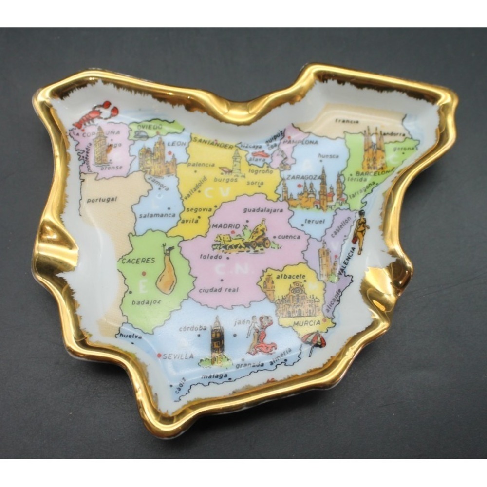 EME Spain Porcelain Trinket Dish Map of Spain Gold Trim Souvenir 5 x 4 Inch